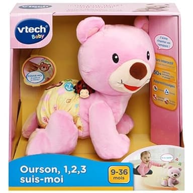 VTech - Ourson, 1,2,3 suis-Moi, Ours Rose en Peluche Qui Marche à 4 Pattes, Motricité Bébé, Jouet Interactif et Musical, Cadeau Bébé Dès 9 Mois - Contenu en Français