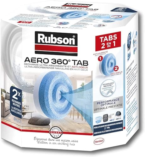 Rubson AERO 360° Recharges en tabs neutres pour absorbeur d'humidité, recharges pour déshumidificateurs AERO 360° ultra absorbantes et anti odeurs, 2 x 450 g, Bleu
