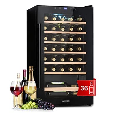 Klarstein Cave a Vin, Réfrigérateur à Vin sur Pieds avec Porte en Verre, Cave à Vin de Vieillissement, Prosecco, Bière, Ecran Tactile, Réfrigérateur Bar, Frigo, Protection UV, 5-18°C, 36 Bouteilles