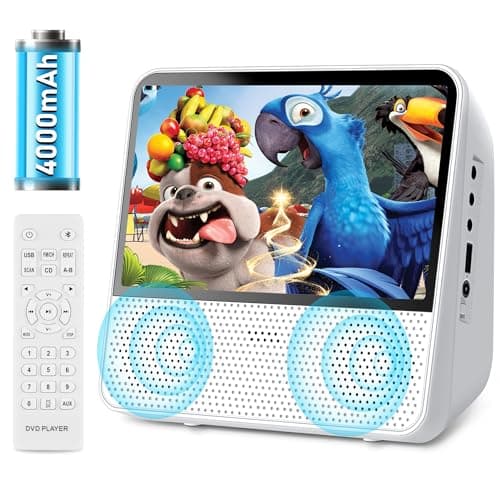 Lecteur DVD Portable avec Batterie Rechargeable 4000mAh, Compatible CD/DVD/Bluetooth/USB/MP3/AV, Lecteur CD/DVD à Double Haut-Parleur intégré, Lecture en mémoire/télécommande/minuterie Blanc