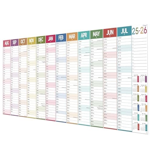 Calendrier mural académique 2025/2026, grand format pour famille, école ou bureau, août 2025 à juillet 2026, 120 x 42 cm, taille XXXL, coloré
