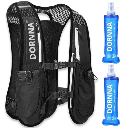 DORNNA - Sac Trail + 2 PCS Gourde Souple 500 ML sans BPA, Sac Hydratation Running Homme e Femme, Gilet Hydratation Taille Unique. (Noir + 2 Gourde Souple 500ml)