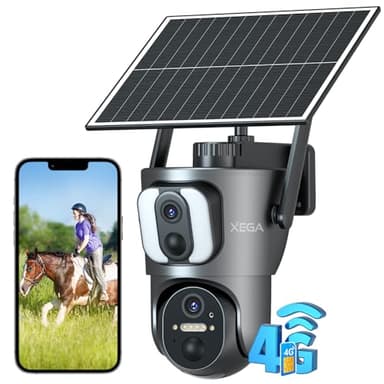 Xega 4G LTE Caméra Solaire【Double Objectif】 avec Carte Sim, 14400mAh Camera Extérieure sans Fil, Détection de Personne 2K HD inclinable 355°/100°, Autonome sans WiFi sur Batterie,Vision Nocturne,IP66