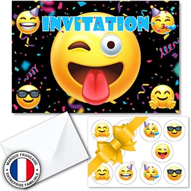 Kit créatif 10 cartes d'invitation en français pour anniversaire thème smileys pour 10 invités (10 cartons d invitation + 10 enveloppes + 1 planche de 10 stickers). Idéal enfants de 4 à 10 ans (Noir)