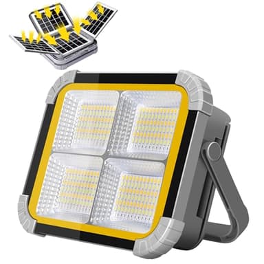 ERAY 150W Projecteur LED Rechargeable Portable avec 4 Panneaux Solaires, Lampe de Travail 12000mAh/336 Perles LED/4 Modes/IP64, Projecteur de Chantier pour Garage, Camping