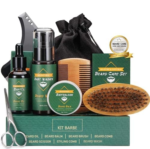 Kit Soins Barbe pour Hommes avec Shampoing, Huile, Crèmes de Barbe, Brosse à Barbe, Ciseaux, Kit Entretien, Coffret Cadeaux