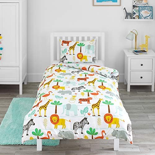 Bloomsbury Mill - Housse de Couette et Taie d’Oreiller Enfant Garçons et Filles - Imprimé Animaux de la Jungle/Aventures en Safari - Parure de lit pour Junior, Bas Âge, Bébé - 120 x 150 cm