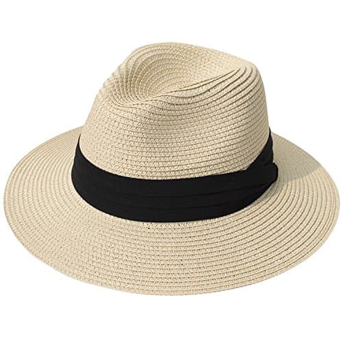 DRESHOW Femme Homme Chapeau de Paille Panama Chapeau Été Large Bord Chapeau de Soleil Anti-UV pour Plage Voyage Fedora Chapeau de Soleil,Taille unique,Panama Beige
