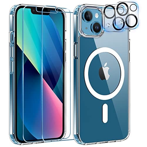 YisrLery 5 in 1 Coque pour iPhone 13 Aimantée avec 2 Verres Trempés et 2 Caméra Protecteur Compatible MagSafe Dos Anti Rayures Coque Magnétique Antichoc TPU Bumper 6,1’’ Case (Transparent)