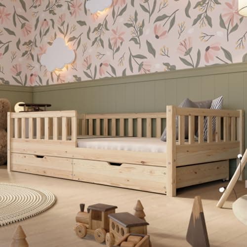 Crazy Pine Lit Enfant avec Tiroirs 190x90 cm – Lit Montessori au Sol en Bois Massif avec Barrière – Lit Sécurisé pour Tout-Petit – Design Scandinave, Montage Facile - Crazy Basic