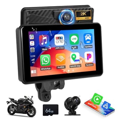OiLiehu Écran Tactile sans Fil CarPlay & Android Auto pour Moto, 5'' IPS Écran Tactile, IP68 Étanche, Écran Portable avec Bluetooth, DVR, Caméra Frontale 2K, EQ, Carte TF 64G, Caméra Arrière
