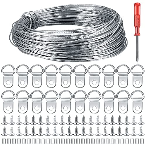 Fil de Suspension pour Cadre Photo, 30m Fil Suspension Tableau en Acier Inoxydable, Fil Accroche Tableau, Câble en Acier Inoxydable pour Photos, avec D Anneau de Suspension, Manchons à Sertir, Vis
