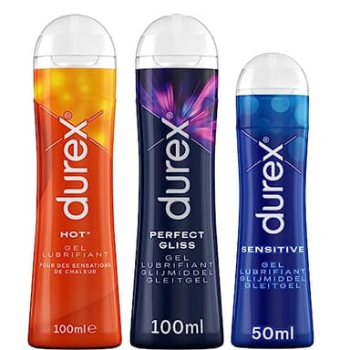 Durex - Lot de 3 Lubrifiants Intimes: Hot Chauffant Stimulant 100ml, Perfect Gliss Usage Anal 100ml, Sensitive 50ml