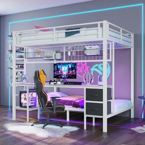 Seyakany lit Mezzanine Enfant 140 x 200 cm avec Bande Lumineuse LED et Port USB,métal Lit superposé 2 Place avec tiroirs Rangement et Grille de Suspension,Bureaus,avec barrières et échelle,Blanc