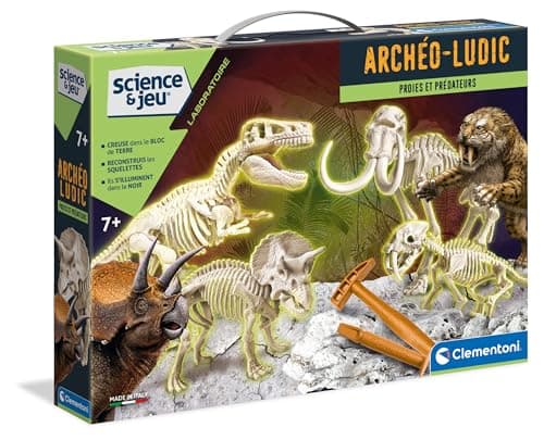 Clementoni | Coffret Archéo Ludic – Proies et Prédateurs Enfants 7 Ans+ | Cadeau Scientifique | Kit Paléontologie avec Squelettes Qui Brillent dans Le Noir | Activité Éducative | Réalité Augmentée