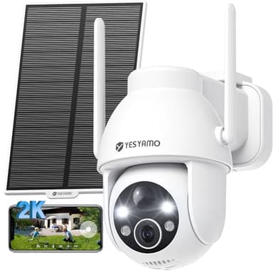 YESYAMO 2K Camera Surveillance WiFi Exterieure sans Fil Solaire, 2.4GHz Camera Exterieur Solaire avec Panneau Solaire, 360° PTZ, Vision Nocturne Couleur, Audio Bidirectionnel, PIR Sirène(Blanc)
