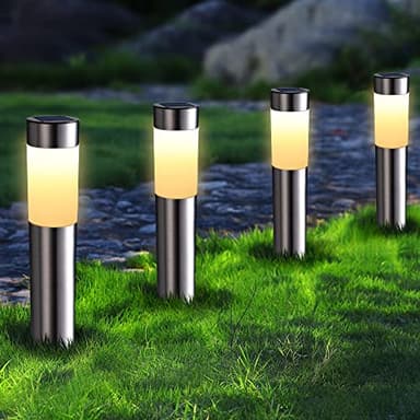 Joomer Lot de 4 Lampe Solaire Exterieur Jardin en Acier Inoxydable, Étanches Cylindriques Pour Jardin, Lampe Solaire de Jardin Marche/Arrêt Automatique, Pour Pelouse, Patio, Allée, Blanc Chaud