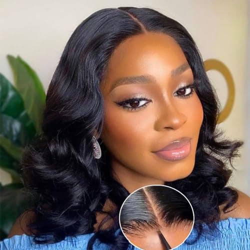 Perruque Bresilienne Cheveux Humain Sans Colle 4x4 HD Lace Wear and Go Glueless Wig Human Hair Perruque Femme Naturelle Brésilien Pre-Cut Lace Body Wave Wig Couleur Naturelle 180% Densité (14 pouces)