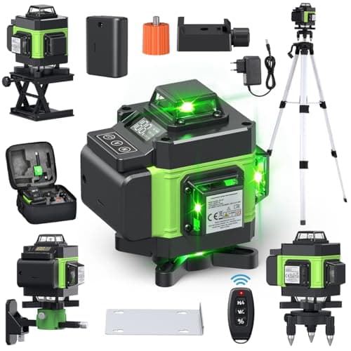VISLONE Niveau laser 4 x 360°,Niveau laser 4D 16 lignes auto-nivelant,2400mAh x 2 piles,Niveau laser vert Étanche et anti-poussière,Niveaux laser avec télécommande et trépied réglable en hauteur