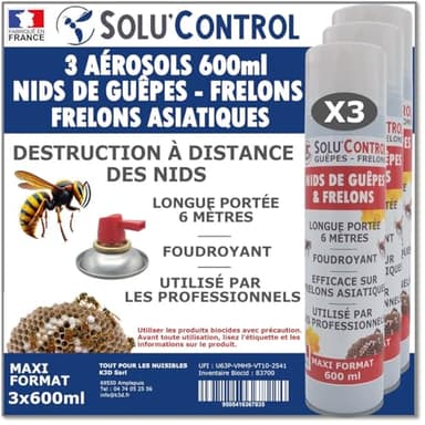 3 Bombes 600ml Guêpes, Frelons, Frelons Asiatiques - Destruction des nids - Longue portée 6m - Maxi format