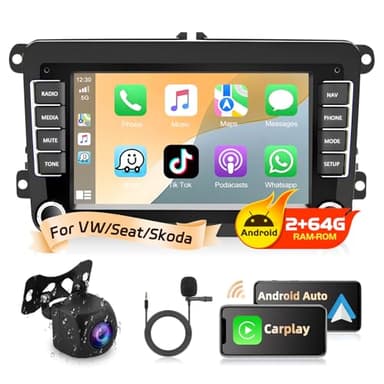 Podofo 2+64G Autoradio avec Carplay et Android Auto, écran Tactile 7" Navigation GPS Radio pour VW Volkswagen Golf 5 6 Polo Skoda - Car Play sans Fil, Mirror Link, WiFi