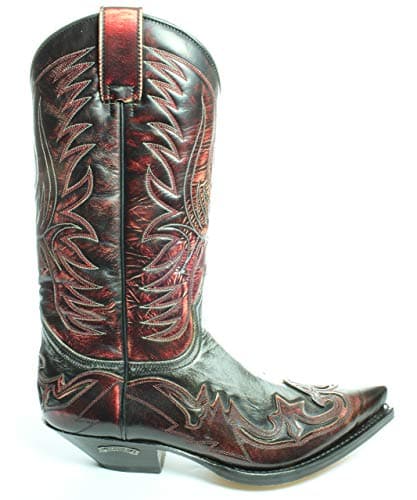 Sendra Boots 3241 Cuervo Ibiza Noir Rouge Hommes Femmes Santiags Cowboy Western Bottes Unisexe Bout Pointu Talon Incliné Boucles Tirer Arbre Droite Fait Main Cuir Véritable Taille 43