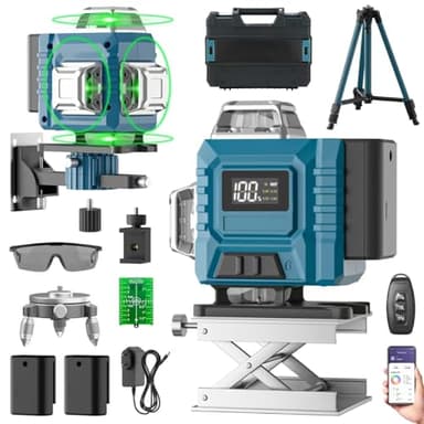 Kevsuvqin Niveau Laser avec Trepied 4 x 360°, 4D 16 Lignes Laser Chantier avec 2 x 3000mAh Batterie & Affichage LED, Niveau Laser 360 Autonivelant, APP, Télécommande, IP54 Étanche et Anti-Poussière