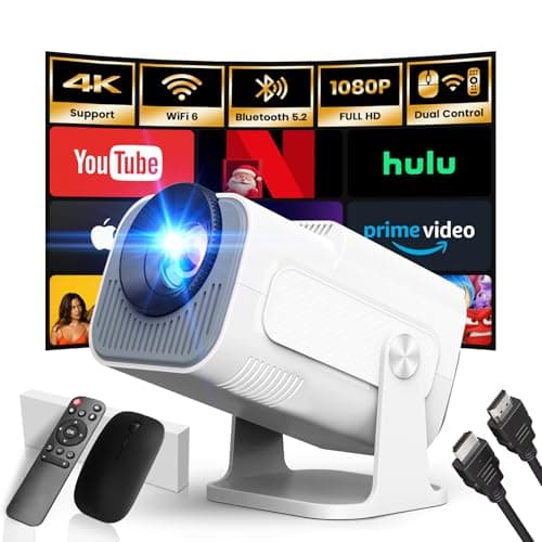 [App intégrée] 2025 Upgraded Vidéoprojecteur 1920*1080P FHD 4K Mini Projecteur Portable Dual Contrôle avec Souris Android TV WiFi 6 BT5.2 180° Rotation HDMI/TV Stick/USB/PS5, avec HDMI et Souris,Blanc