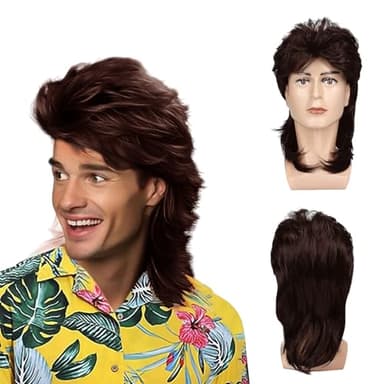 UILYNIU Longue Brun Mulet Perruque Homme des Années 80 Perruque Rock Cheveux, Popstar Perruque Rocker Perruque Disco 70s 80s Déguisement Homme Perruque pour Carnaval Halloween Thème Cosplay (Brun)