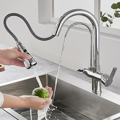 KINKIBOS Robinet de Cuisine à 3 Voies avec Deux Sorties D'eau, Corps en Laiton, 3 en 1 Mitigeur de Cuisine pour Filtre à eau, Rotatif à 360 ° Robinet Cuisine avec Douchette Extractible, Chrome