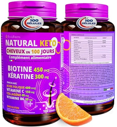 Biotine cheveux pousse rapide NaturalKeto® | complement alimentaire cheveux avec 12 vitamines | Pousse cheveux très rapide | chute de cheveux femme homme | repousse cheveux