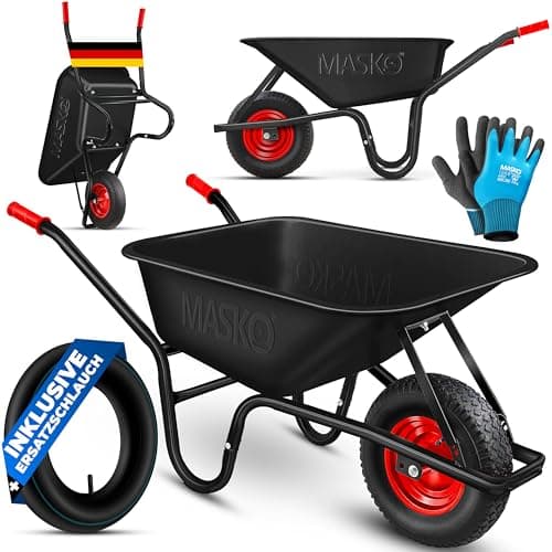 MASKO® Brouette de Chantier, brouette de Jardin 100 litres jusqu'à 250kg pneus gonflables avec Jante en Acier galvanisé Cadre Acier brouette de Jardin brouette de Transport, Gants de Travail Inclus
