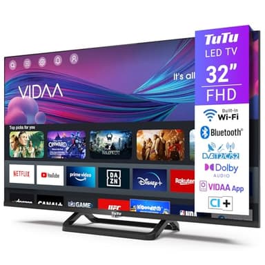 TuTu Smart TV 32 Pouces (80 cm) FHD, sans Bord Connectée Télévision avec WiFi, Bluetooth, App Store, Triple Tuner (DVB-T/T2, DVB-C, DVB-S/S2), Molotov et Plus (TUV32FN1B, 2024)