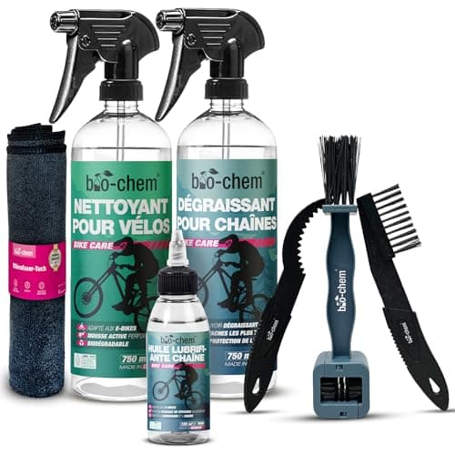 bio-chem - Profi Set 7 produits pour entretien de vélo, vtt - Nettoyant complet 750ml - Dégraissant chaînes 750ml - Huile lubrifiante 100ml - Chiffon et brosses inclus