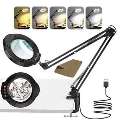 Kevsuvqin Lampe Loupe, Lampe de Bureau avec Loupe 10X et LED, Loupe Eclairante avec Pince en Métal et Bras Pivotant Réglable, 5 Modes de Couleur,10 Niveaux de Luminosité pour Artisanat, Réparation