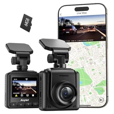 2K Dashcam Avant Wi-FI avec 64G Carte SD, Camera Embarquée Voiture App, PEC du Module GPS Externe, Grand Angle de 170°, Vision Nocturne, 24H Mode Parking, Détection de Mouvement, Capteur G