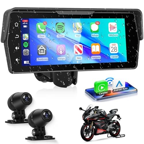 Caméra de tableau de bord avant et arrière de moto, écran tactile IPS 1280 x 480p, caméra DVR 1080p, sans fil Carplay et Android Auto, GPS, étanche IP67, 120°, Bluetooth 5.0, TF, PhoneLink pour moto