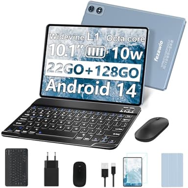 fezawio Tablette 10 Pouces Tablette Android 14, Tablette Tactile 22GO RAM + 128GO ROM/1TB,8000mAh,﻿Tablets 5G Wi-FI,tableta Widevine L1| Octa-Core | Tablette avec Clavier avec Cas—Gris