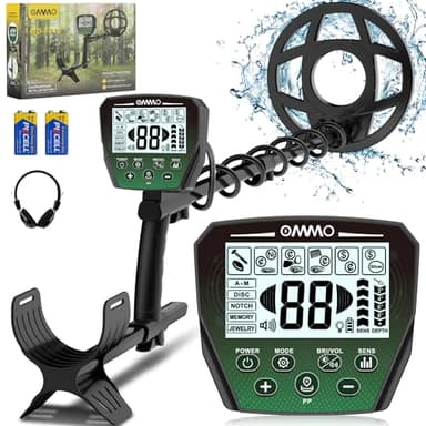 OMMO Détecteur de Métaux pour Adultes, 6 Modes avec Mode Bijoux, Tige Réglable 70-125 cm, IP68 Bobine étanche, Forte Anti-Interférence, Ecran Rétro-éclairé, Détecteur de Métaux Professionnel