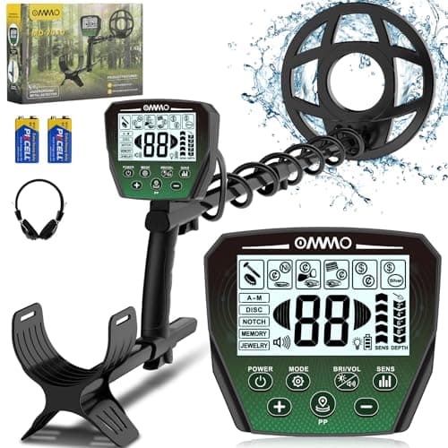 OMMO Détecteur de Métaux pour Adultes, 6 Modes avec Mode Bijoux, Tige Réglable 70-125 cm, IP68 Bobine étanche, Forte Anti-Interférence, Ecran Rétro-éclairé, Détecteur de Métaux Professionnel
