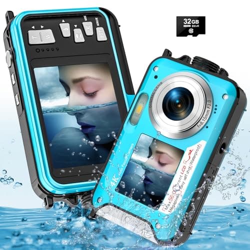 YISENCE Caméra sous-marine UHD 4K 56 MP Autofocus Appareil photo numérique étanche avec une carte de 32 Go Selfie Double écran Caméra étanche pour la plongée en apnée