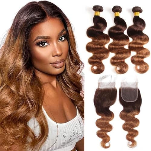 ELEE'S HAIR Ombre Bundles Cheveux Humains Body Wave avec fermeture Ombres Bundles avec 4 × 4 Fermeture Dentelle Partie Gratuite 3 Tone Remy Hair T4/30 (16 18 20+14)