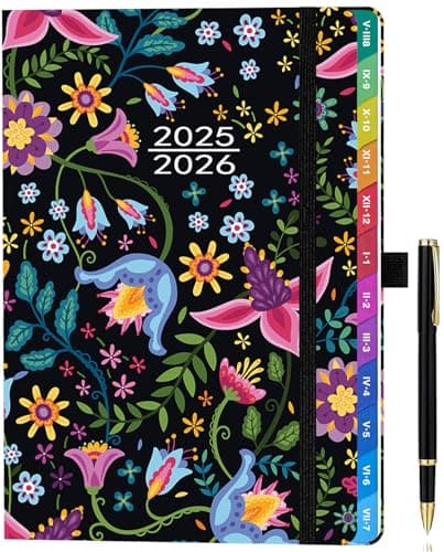 Agenda 2025-2026 Semainier A5 – Planificateur Hebdomadaire & Mensuel, Onglets Couleur, Pages en Couleur, Couverture en Cuir PU, Pochette de Rangement et Stylo (Août 2025 - Juil 2026) - Noir