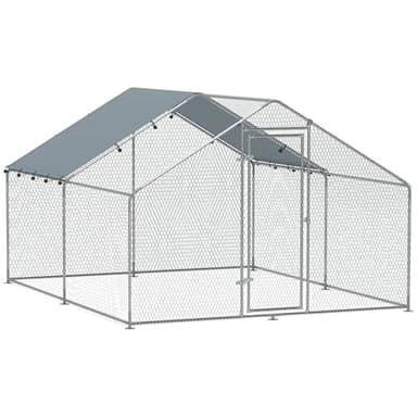 PawHut Enclos poulailler, grand poulailler 10,2 m², enclos poule avec couverture imperméable et anti-UV, porte verouillable, cage en acier galvanisé, volière pour 10-15 poules, 3 x 3,4 x 1,9m, argenté