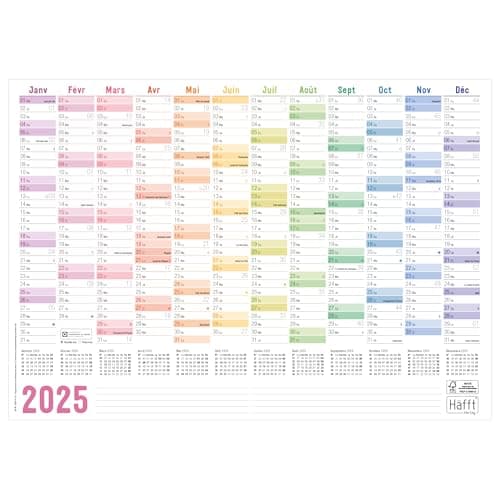Häfft® Calendrier mural 2025 « arc-en-ciel », en français, format A3 (42 x 29,7 cm) plié, planificateur mural avec jours fériés français + calendrier A4 supplémentaire, durable et respectueux du