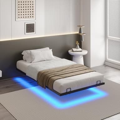 DICTAC Cadre de Lit 90x200 avec Éclairage LED Lit 1 Personne 90x200 avec sommier Métal lit Simple 90 x 200 pour Adulte avec Cachées Jambes -Structure Solide,Facile à Assembler,Noir-sans Matelas