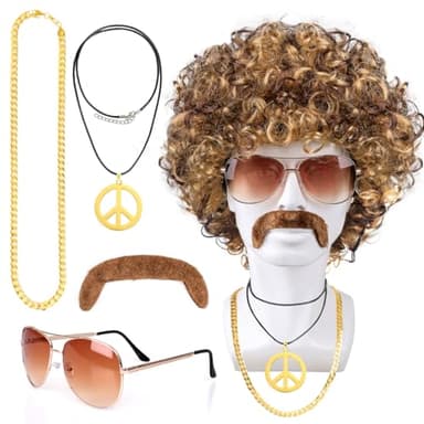 Humairc Perruque Afro Deguisement Hippie Homme Perruque Hippie Costume Carnaval Costume Halloween Deguisement Disco Annees 70 80 Perruque Marron Or Homme - Perruque Lunettes Fausse Moustache Collier