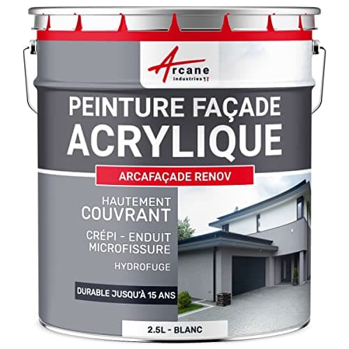 Peinture Façade - Peinture Hydrofuge Acrylique 14 couleurs - Dure jusqu'à 15 ans 2.5 L (+ ou - 15 m² en 1 couche) - Blanc - ARCANE INDUSTRIES
