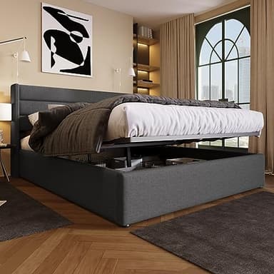 Sweiko Lit rembourré 180 x 200 cm, lit hydraulique avec sommier à lattes hydrauliques et unique, lit juvénile avec espace de rangement, lit fonctionnel avec cadre en métal (sans matelas), gris