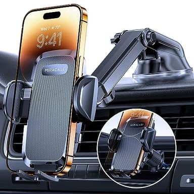 Miracase Support Telephone Voiture [Rotation 360°& Ventouse Puissante] Porte Telephone Voiture Grille D'aération & Pare-Brise & Tableau de Bord, Compatible avec Tous Les Smartphones/GPS 4.0''-7.2''